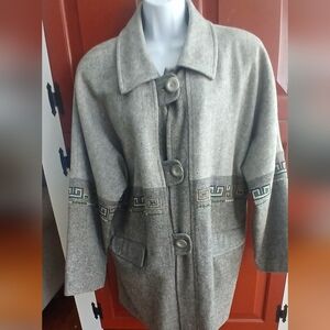 Elegant Gray BIRCH Tweed Coat with Embroidered Details..size XL